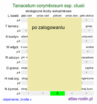 ekologiczne liczby wskaźnikowe Tanacetum corymbosum ssp. clusii (wrotycz baldachogroniasty Kluzjusza)