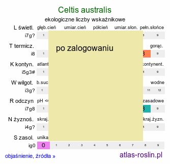 ekologiczne liczby wskaźnikowe Celtis australis (wiązowiec południowy)