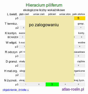ekologiczne liczby wskaźnikowe Hieracium piliferum (jastrzębiec włosisty)