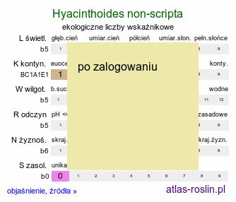 ekologiczne liczby wskaźnikowe Hyacinthoides non-scripta (cebulica nieopisana)