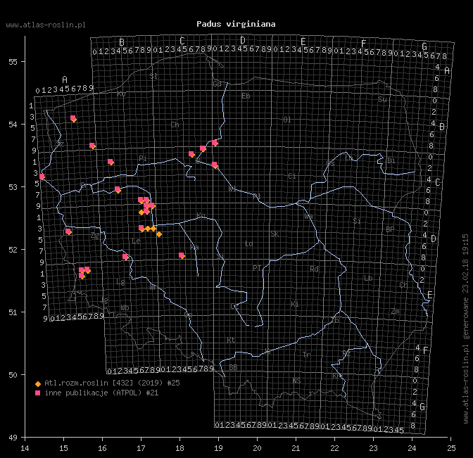 mapa występowania taksonu Padus virginiana